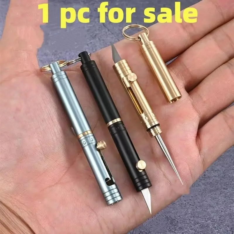 Portable Brass Toothpick Push-Pull Knife Keychain, Multi-Functional Outdoor Tool, Card Picker, Unboxing Aid, Compact Design