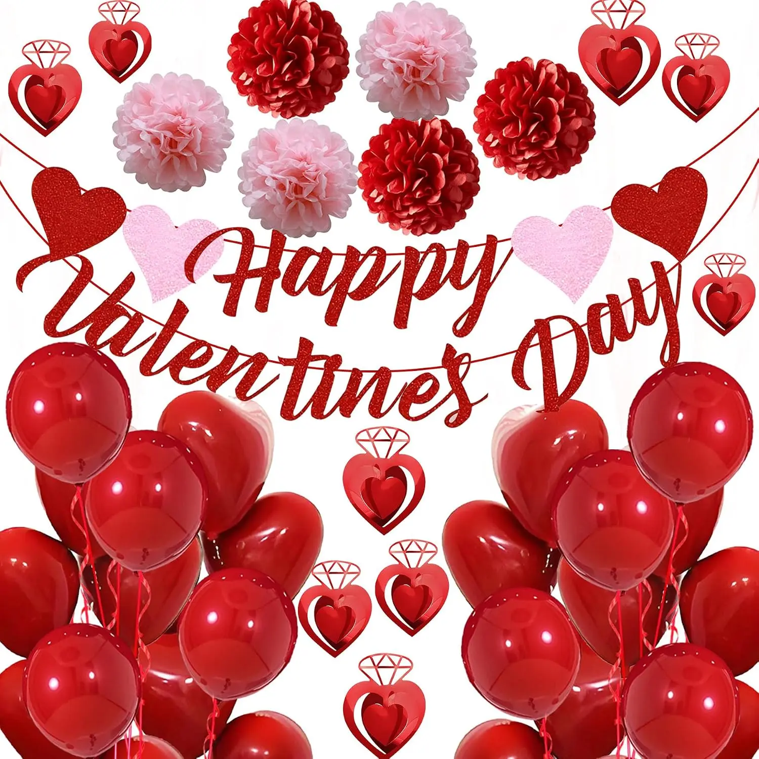 Valentines Day Decorations, Happy Valentines Day Banner and  Balloons for Valentines Decor with Paper  and Heart  Decor