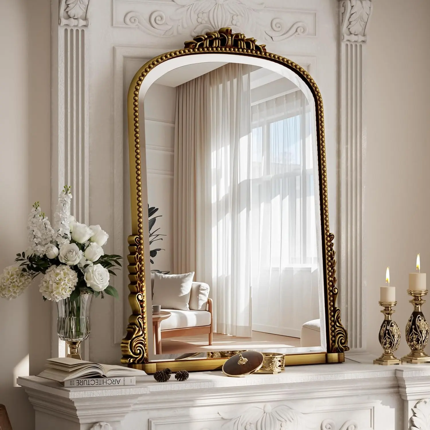 24"×32" Antique Retro Luxury Lightweight Elegant Carved Arched Wall Mirror - Bathroom Makeup Mirror, Wall Decor for Fireplace Mantle, Living Room, Decorative