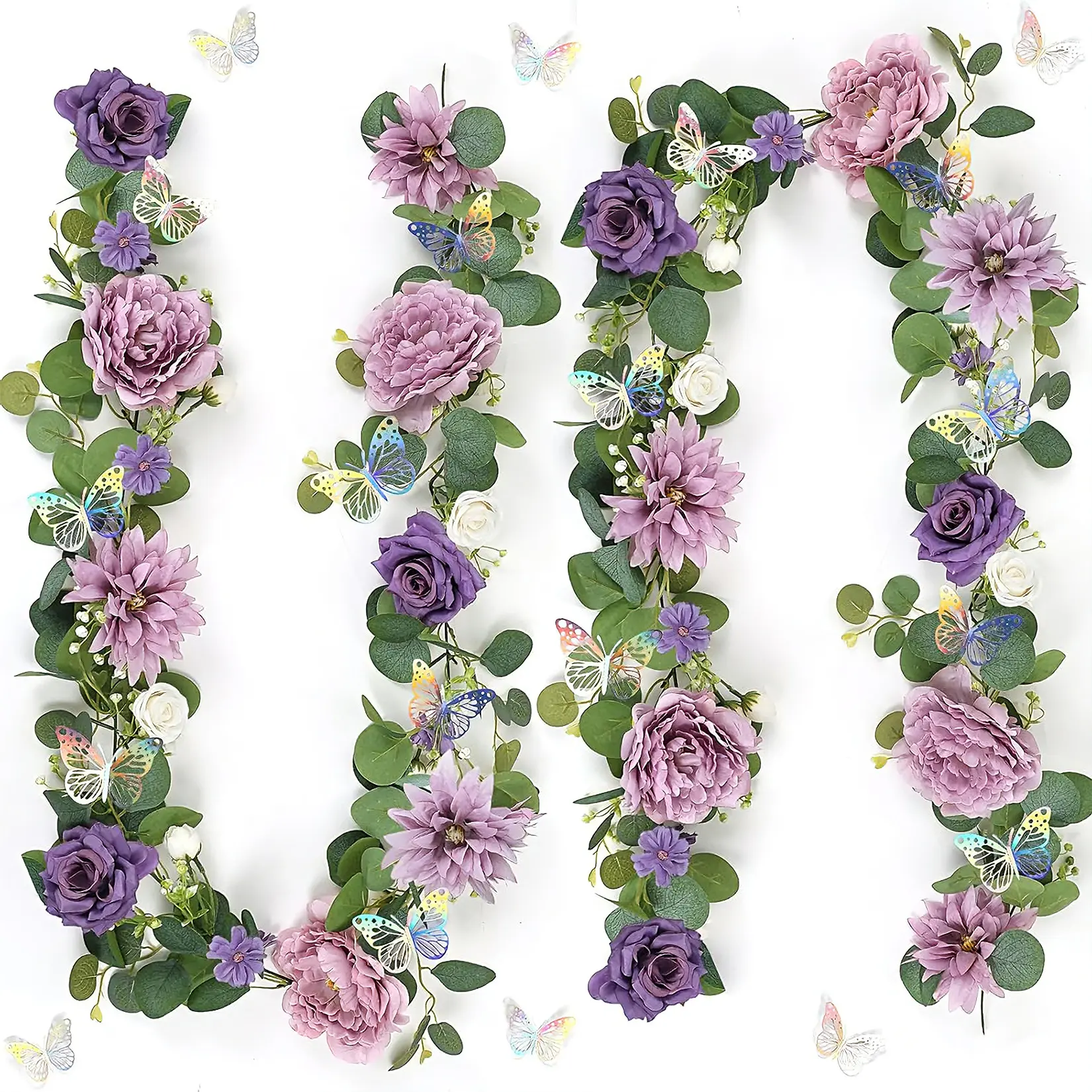 Artificial Eucalyptus & Rose Vine Garland with 3D Silver Butterflies, 2-Pack – 180cm Silk & Plastic Flowers  for Table Centerpiece Wedding Baby Shower Party Room Backdrop Decor – Purple,dorm essentials