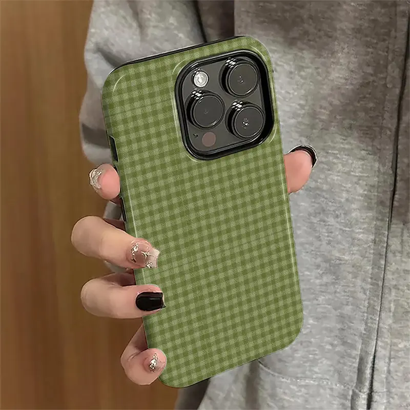 Fresh & Simple Green Striped Checkered Smartphone Case - 2-in-1 Shockproof Phone Accessory, Casing, Cellphone Cover for iPhone 11,12,13 Pro,14,15,16,17 Pro Max & Samsung Galaxy S25 Ultra,S24 Plus,S23 FE,S22,S21 MFL51