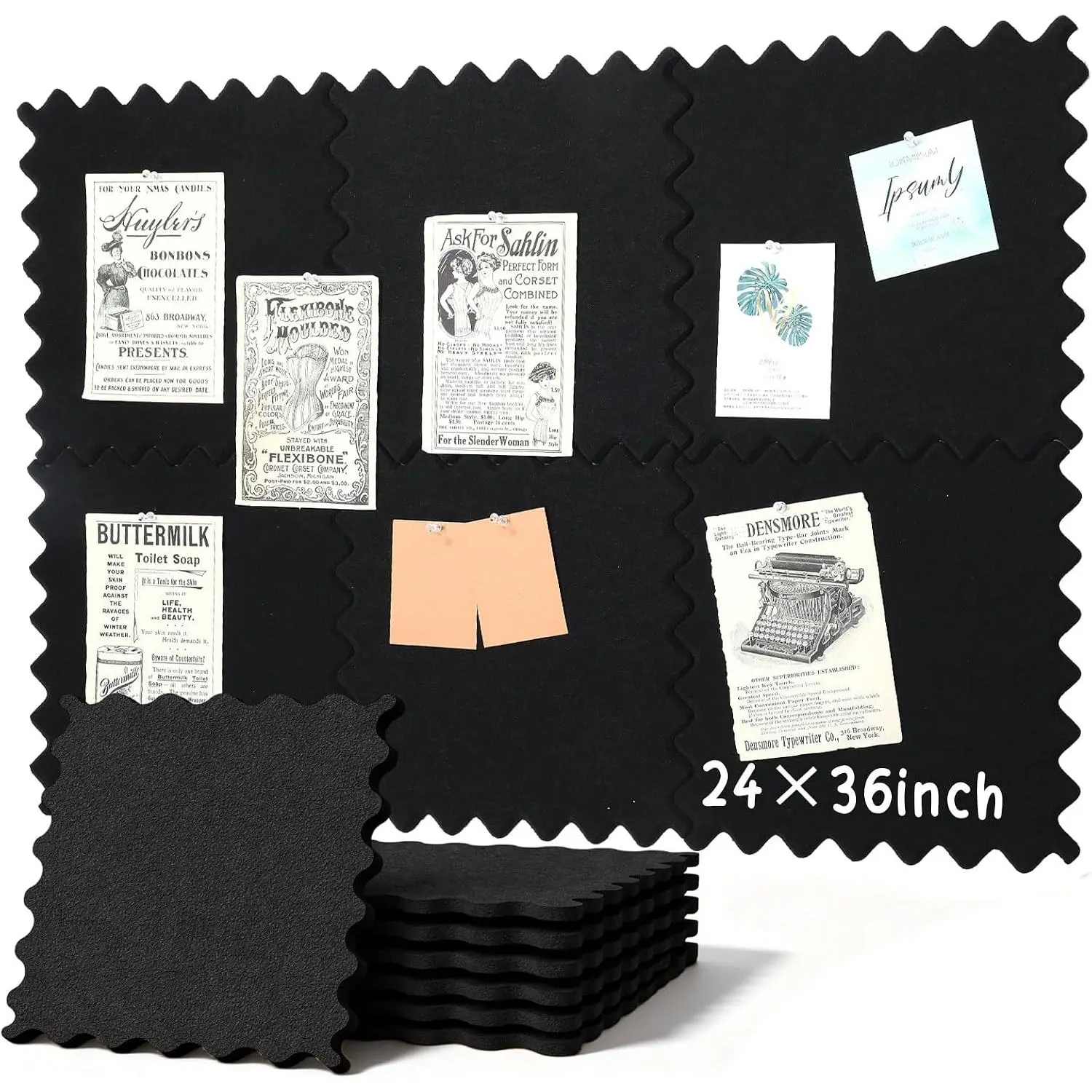 Wave Shaped Large Cork Board for Wall 36" x 24" Black Bulletin Board 6 Pack Felt Wall Tiles Self-Adhesive Removable Soft Wooden Boards for  Office