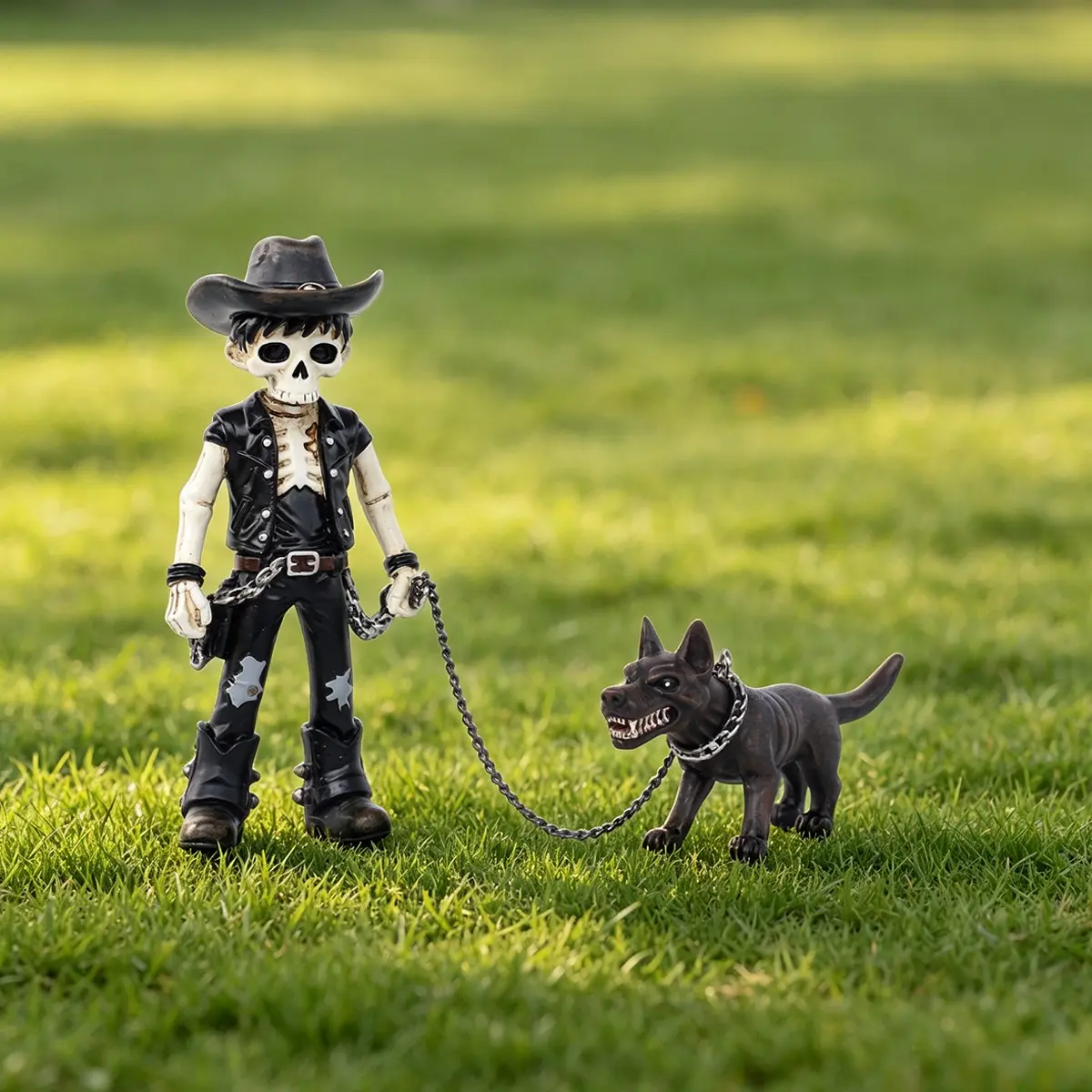 Cool Western Skull Cowboy and Dog Sculpture, Horror Thriller Seasonal Decor, Indoor Outdoor Resin Figurine, Unique Halloween Skeleton Dog Statue, Decorative Figurines
