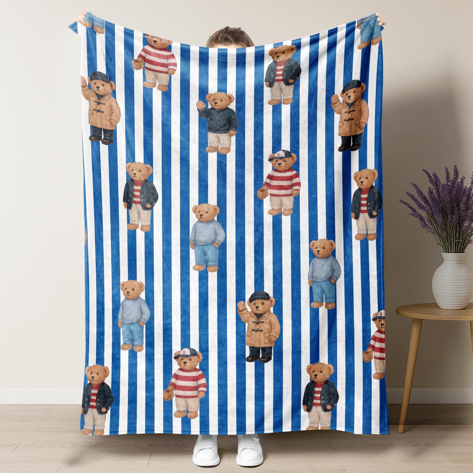 Cute Bear Aesthetic Pattern Blanket,Coquette Striped Bear Blanket,Old Money Style Decor Plush Throw Blanket,Soft Cozy Vintage Napping Blanket for Home Office Travel Camping