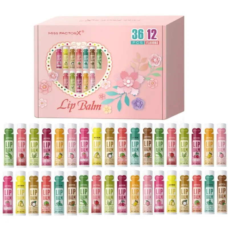36PCS lip balm set with 12 flavors in one box. Moisturizing Lip Balms Long-lasting moisturizing brightens lip tone naturally. Exquisite gift box design, perfect for daily lip care, ladies gifts and Christmas present.