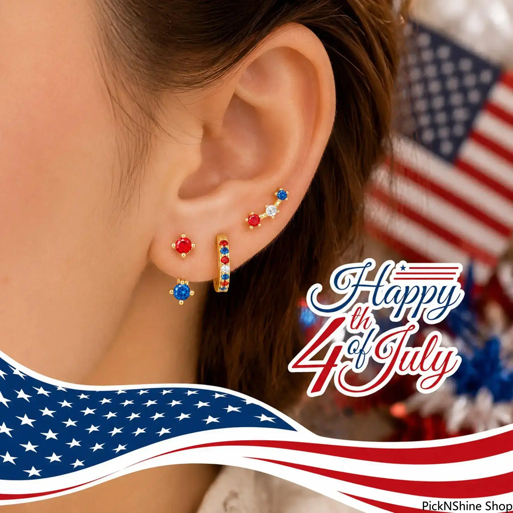 18K Gold Plated 4th of July Earring Stack Set, Dainty Red White Blue CZ Stud Huggie Hoops, Hypoallergenic Cartilage Helix Jewelry for Women