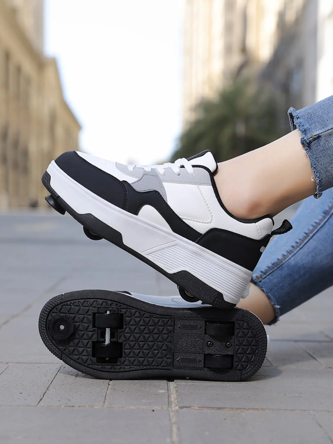 Unisex Fashion Roller Skates, Anti-Slip Two-Wheel Design, Durable Adjustable Laces, All-Season Walking Shoes, Retractable Wheels