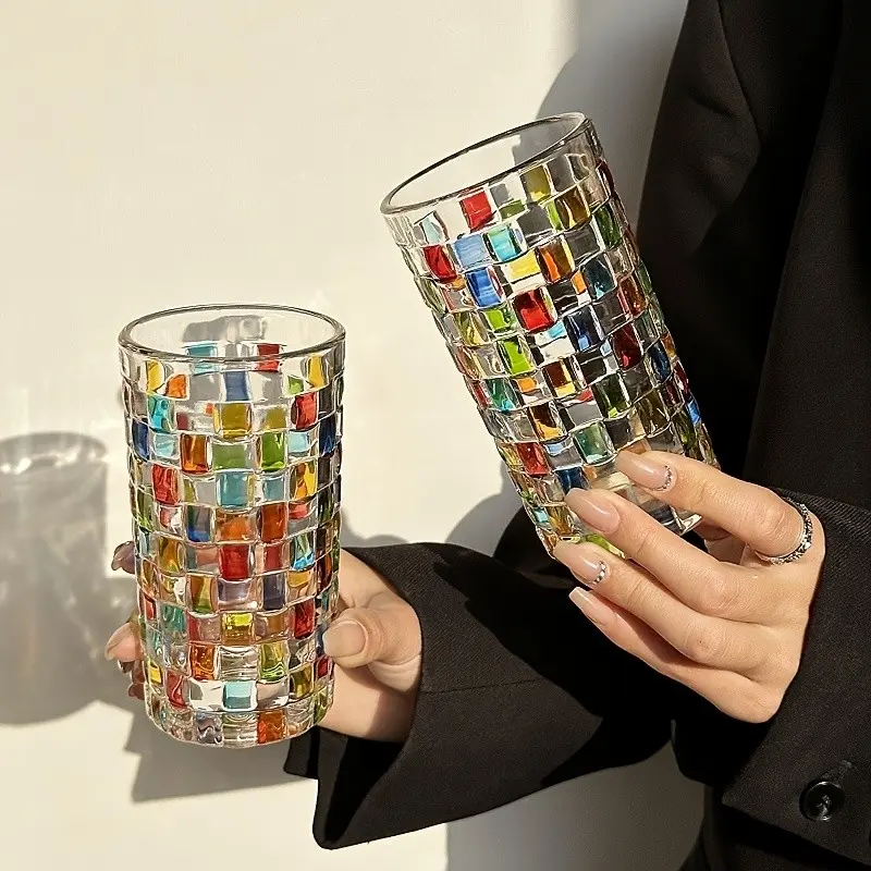 6 Hand-Painted Glass Cups, Drinkware, Square Drinking Glasses, Square Grid Pattern, Colorful Irregular Blocks, Ideal for Home Bar, Water, Cocktails, Juice, Iced Coffee