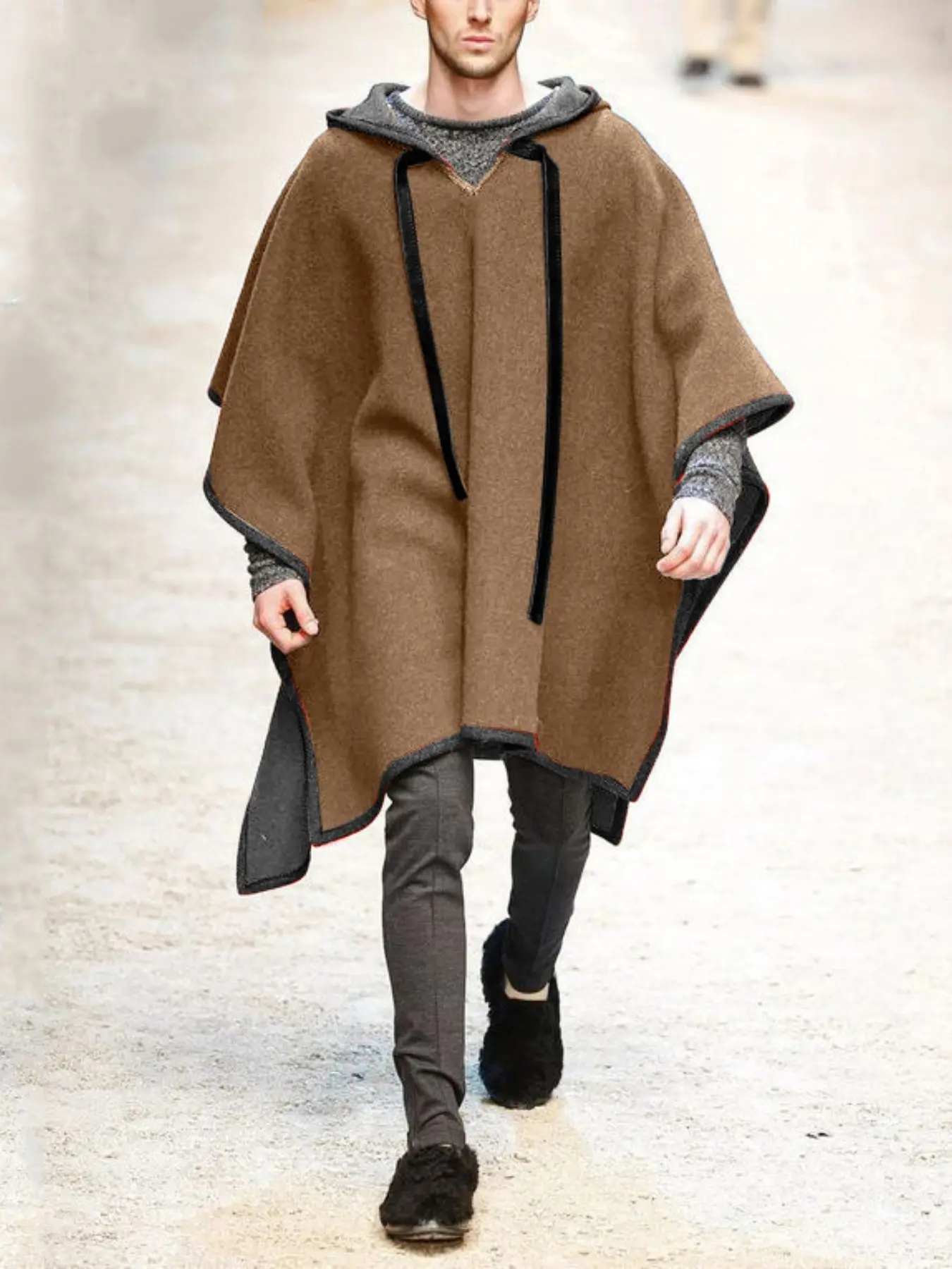 Men's Hooded Cape Coat, Warm Fleece Outerwear, Stylish Pullover Design, Perfect for Cold Weather, Comfortable & Trendy