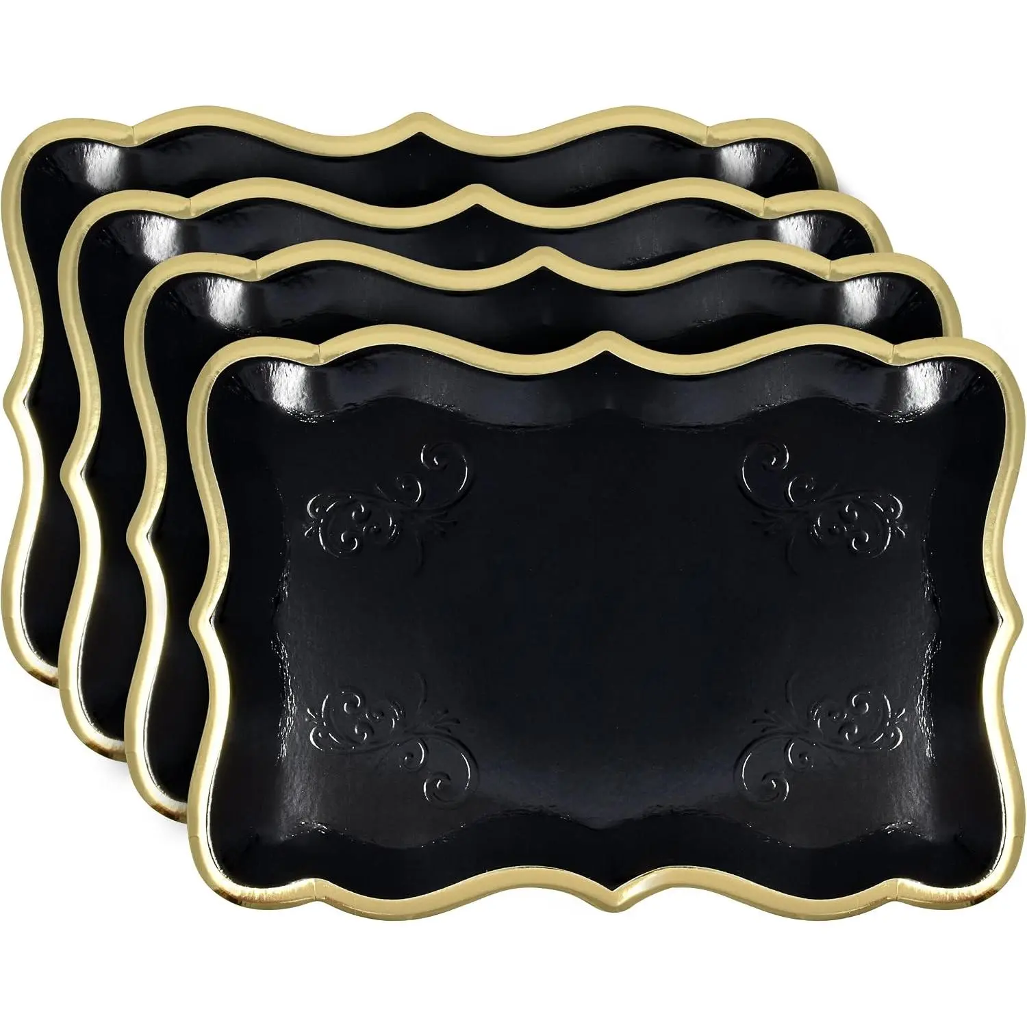 Black Rectangle Heavy Duty Disposable Safe Paper Dessert Trays, 10-Pack, 9"x13" - Elegant Rim Serving Trays for Weddings, Parties