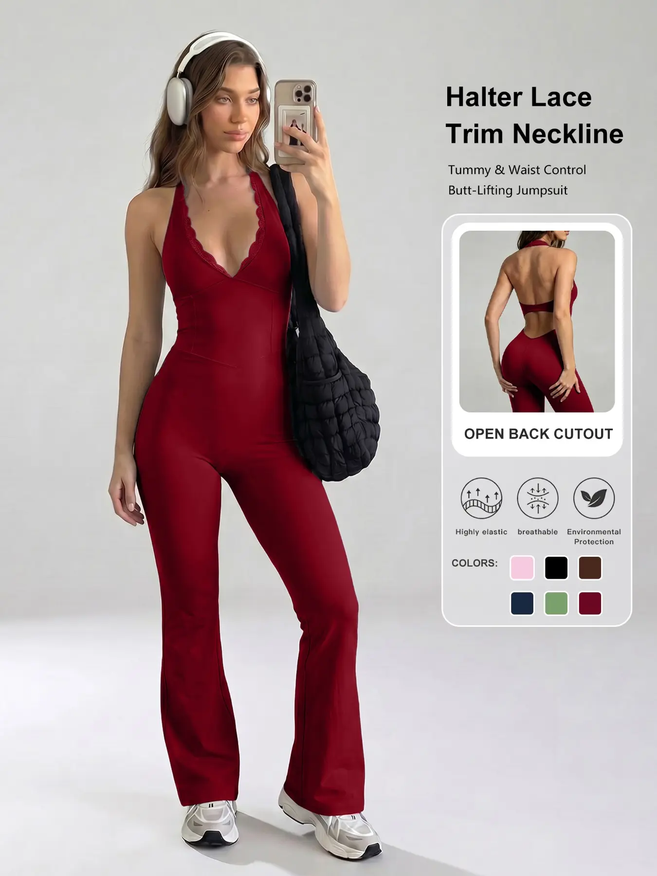 Women's Lace Halter Backless Jumpsuit, High Waist Slimming Sporty Yoga Jumpsuit, Stretchy Soft Fabric Fitness Wear, One-Piece Sportswear