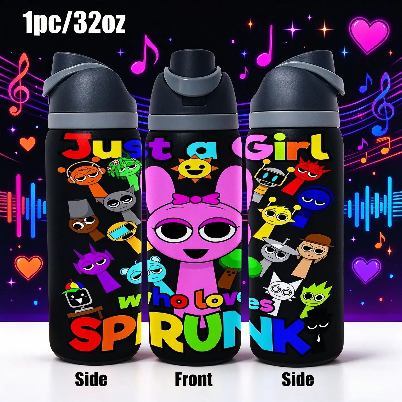 1pc 32oz Sprunki Insulated Water Bottle, 304 Stainless Steel Flip Straw Tumbler, Reusable Travel Cup Gift for Fans, Cartoon Characters Design, Drinkware