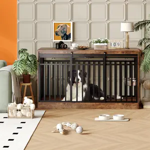 Extra Large Dog House Furniture - Heavy Duty Metal & Wood Kennel, Sliding Double Doors, Built-in Food Bowl, Dual Storage Drawers, Media Console Stand, Vintage Brown Indoor Crate for Medium to Large Dogs