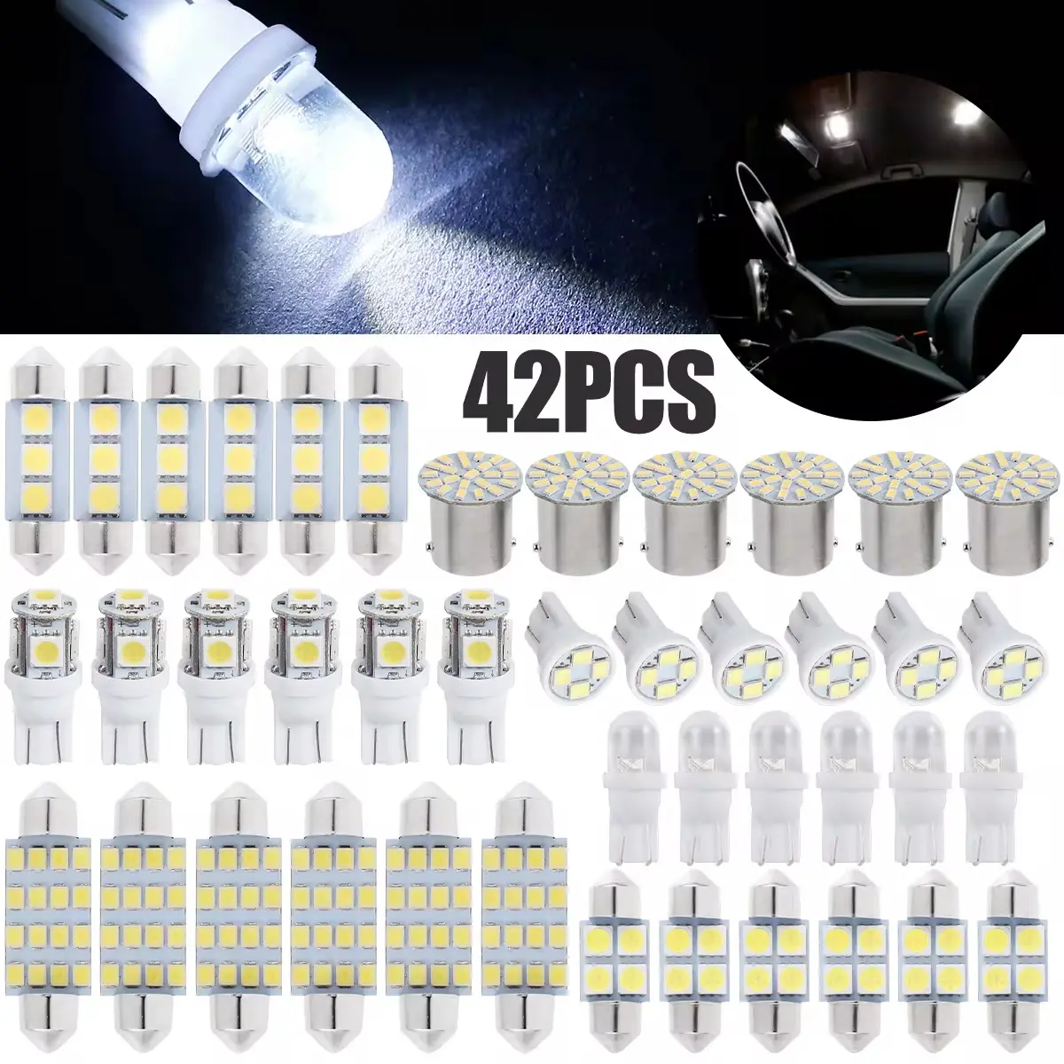 42 Pcs Super Bright Interior Car LED Lights Kit – 6000K White 12V T10 194 DE3175 31mm 41mm Bulbs for Dome Map License Parking Lights, Universal Fit, Plug & Play Auto Accessory Upgrade for Cars Trucks SUVs, Polarity Check Required