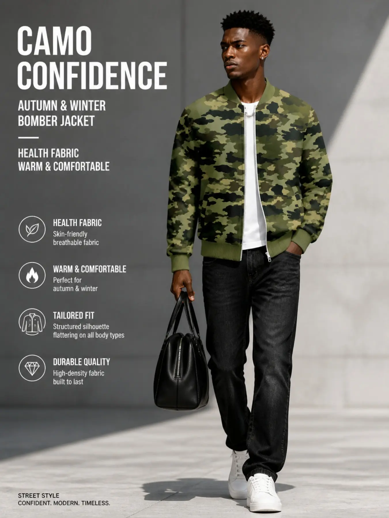 Men's Classic Military Camouflage Full Zip Bomber Jacket, Vintage Jungle Print Baseball Neck Sport Jacket, Tactical Street Fashion Fall Winter Coat