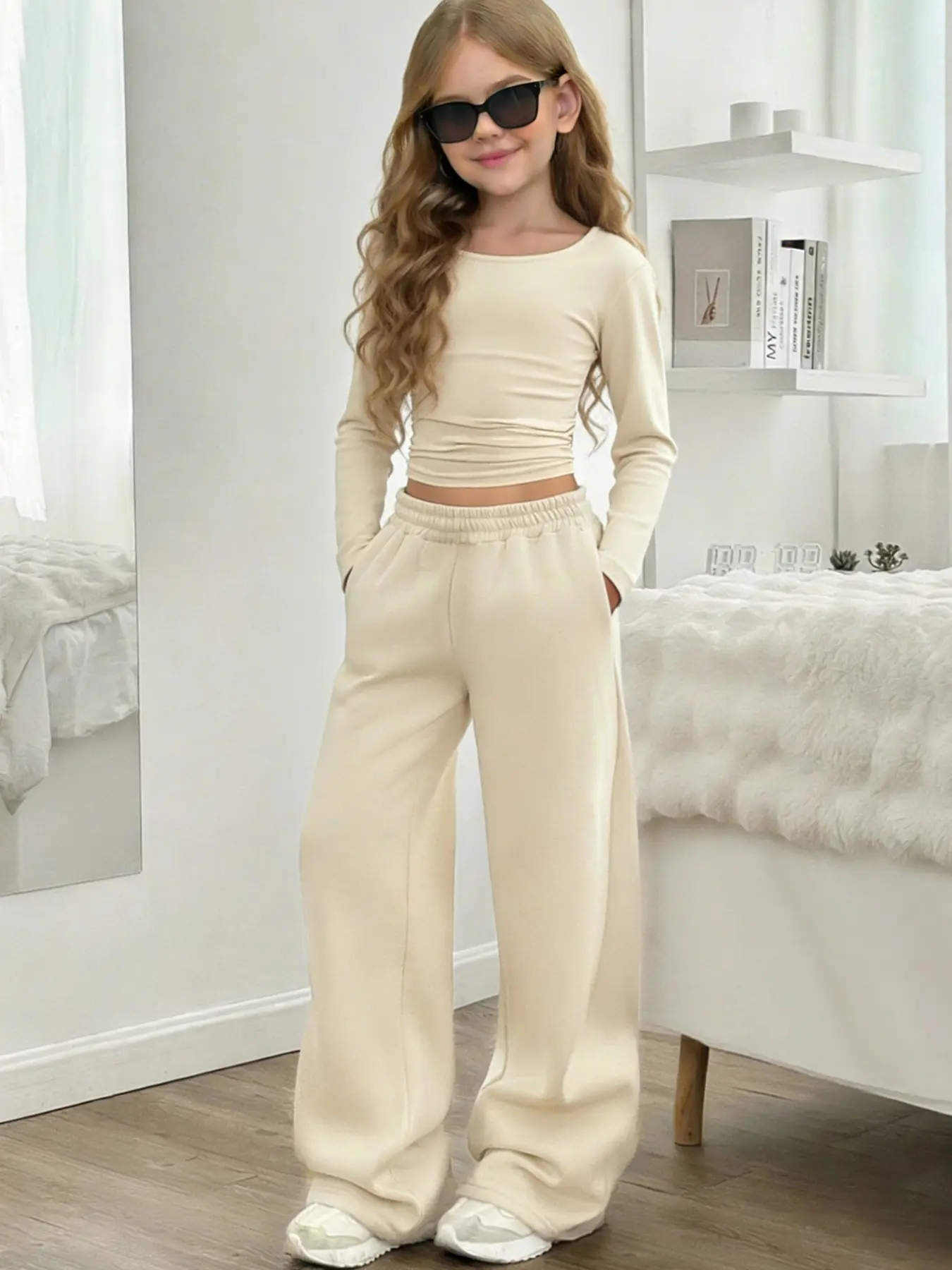 Teen Girl Clothes Set, Soft Warm Tone Casual Everyday Ruched Round Neck Short Top with Wide Leg Pants, Spring Summer Outdoor Fashion