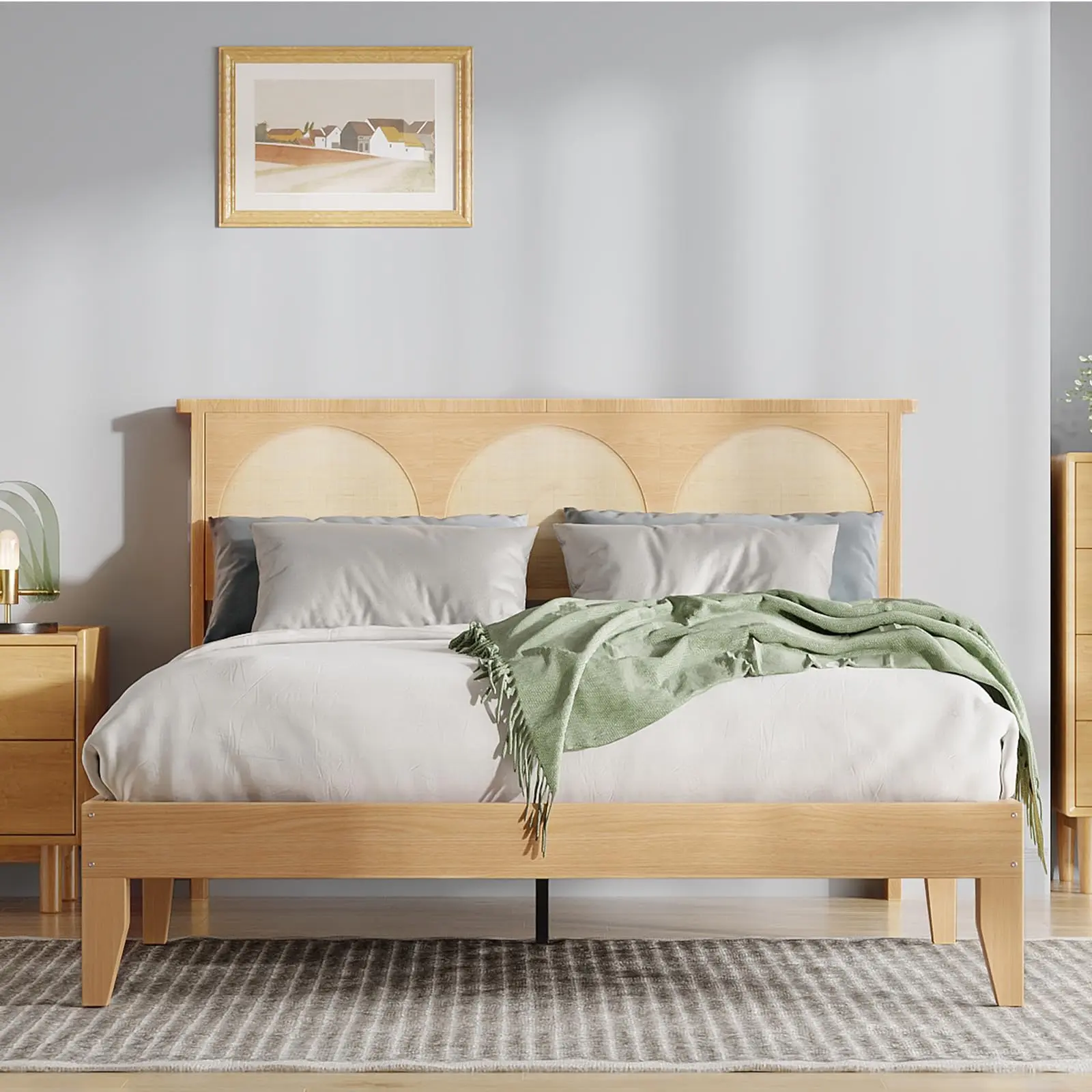 GARVEEBohe Bed Frame with Natural Rattan Headboard, Smaart LED Storage Headboard - Bohemian Wooden Platform Bed, No Box Spring Needed, Under Bed Storage, Easy Assembly