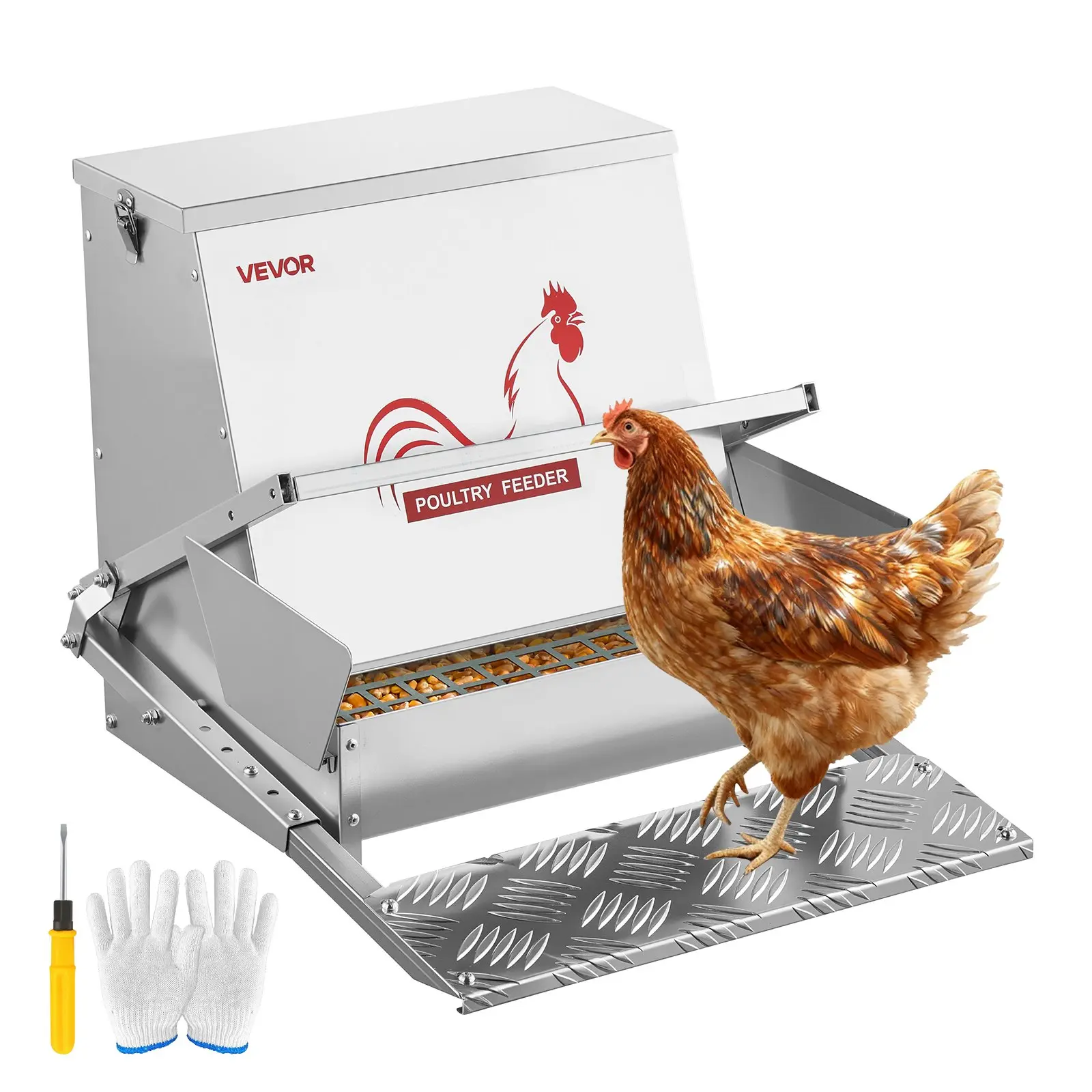 VEVOR Automatic Treadle Chicken Feeder, 40 lbs Adjustable Capacity, Rainproof Lockable Lid, No-Waste Textured Metallic Galvanized Steel Feeder for Outdoor Poultry Use, Automatic Treadle Feeder