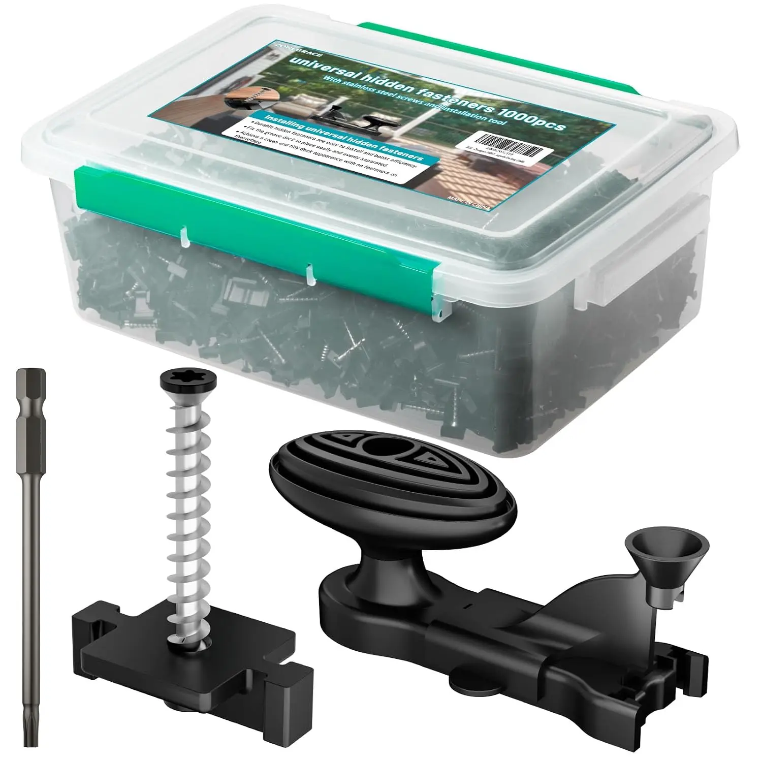 Concealed deck fasteners, suitable for composite deck panels, including composite deck clips and plastic concealed fasteners, equipped with stainless steel screws and installation tools, universal nylon deck clips