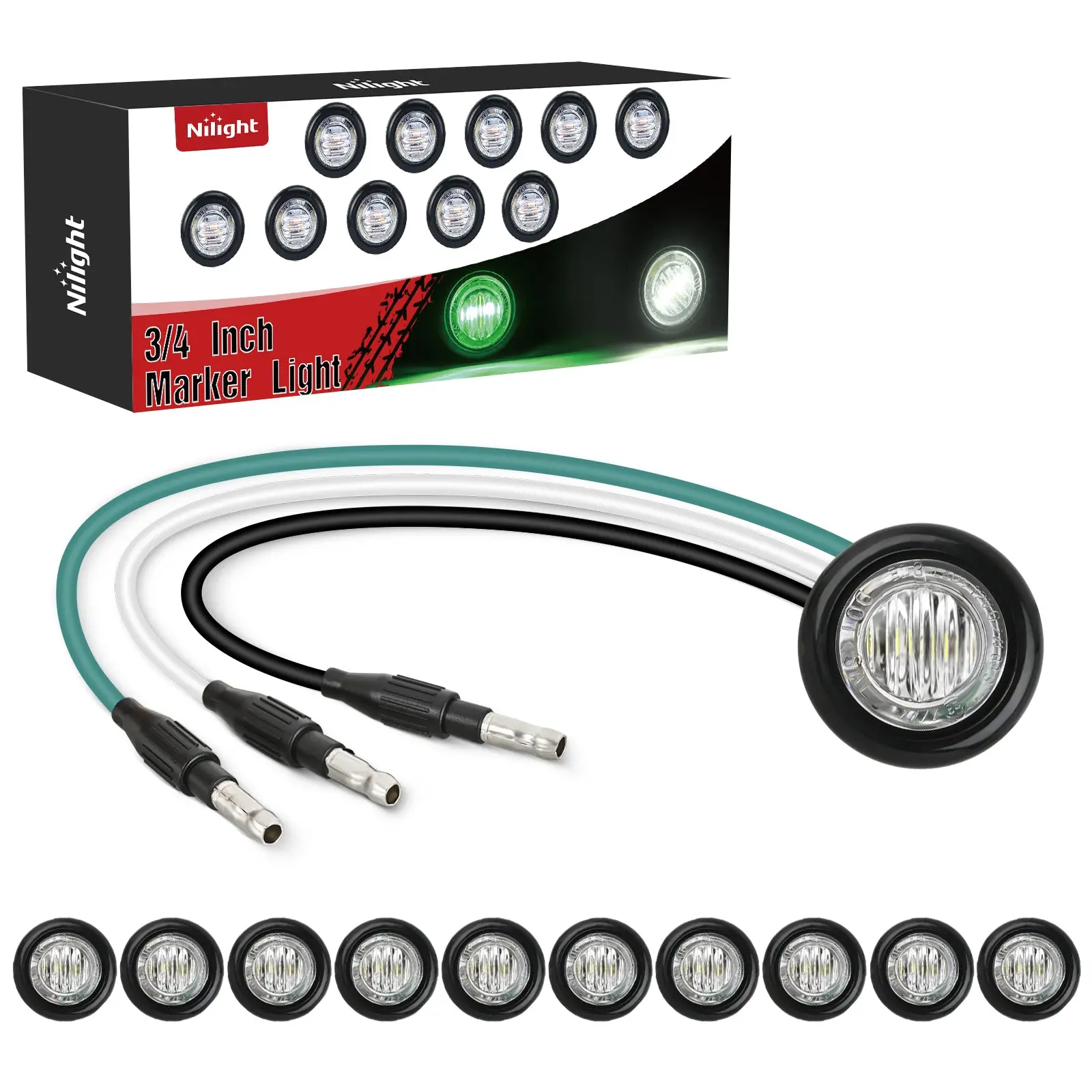 Nilight 3/4-Inch Dual Color Marker Lights (10PCS, Green to White) - 4.5mm Plugs, 3-Connector, IP68 Waterproof, LED Truck Pickup Offroad Lighting, Truck Accessories for Trailers, Boats, Fenders, Wranglers