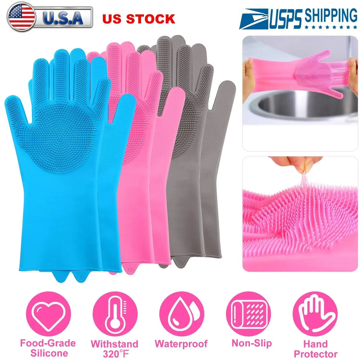 Silicone Dishwashing Gloves 1 Pair - Heat Resistant Cleaning Gloves with Scrubber Sponge, Reusable Kitchen Gloves for Dish Washing, Pet Bathing, Household Cleaning, Blue/Grey/Pink Available