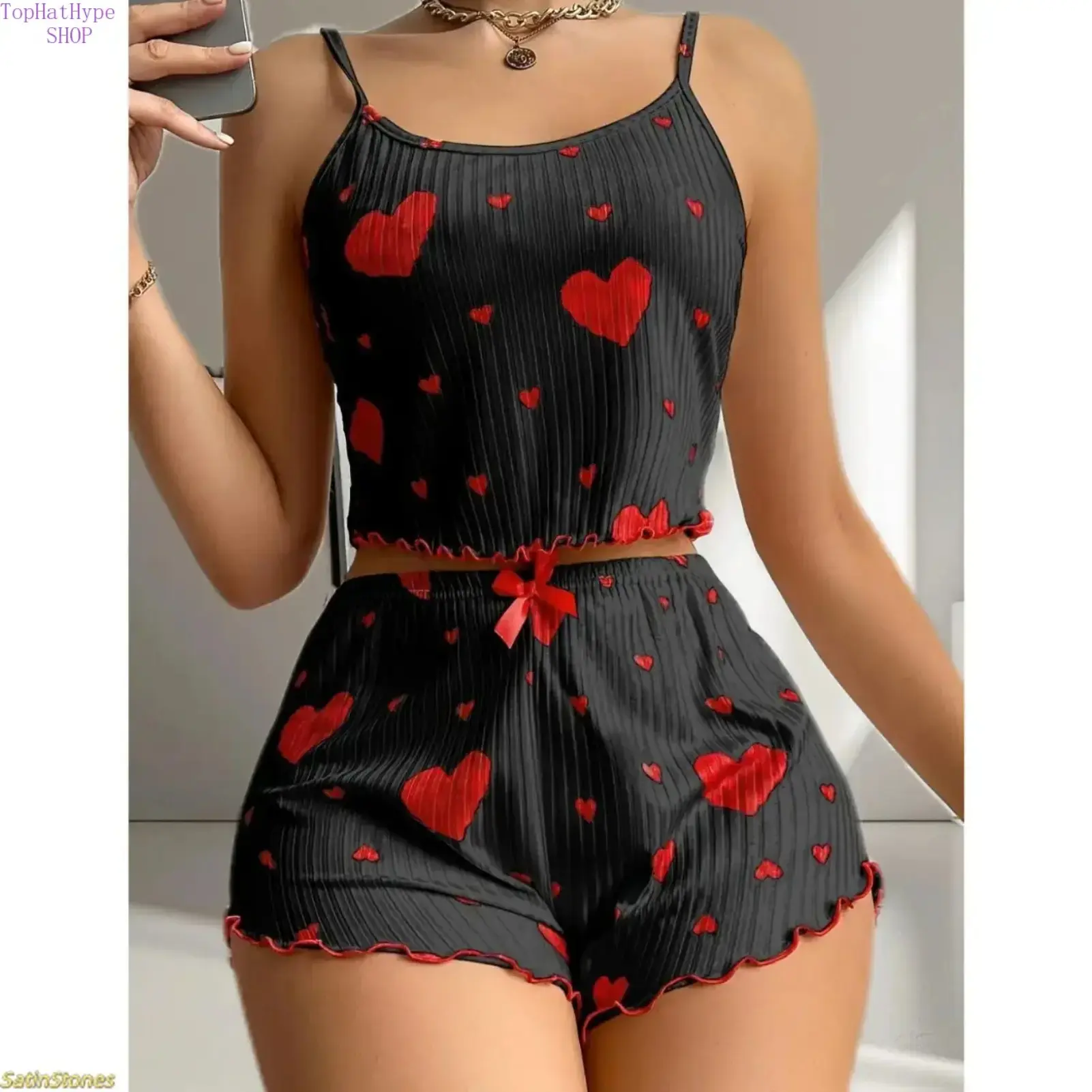 Women's 2-Piece Heart Print Loungewear Set, Spaghetti Strap Camisole and Shorts, Summer Nightwear, Pj Sets For Women, Female, Pajama Set, Cami Set