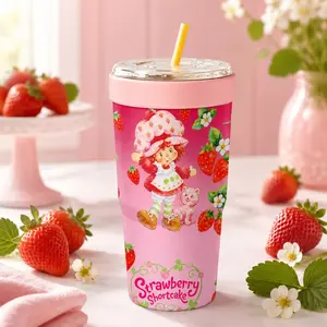 1 Pc 32oz Strawberry Dessert Girl Insulated Can Cooler, Double Wall, Leak Proof, Cold 24H, Hot 12H, No Sweat, Fits Most Cup Holders, Non Slip Silicone, Camping Must Have, Kitchen Essential, Sweet Gift, For BBQ, Party, Travel