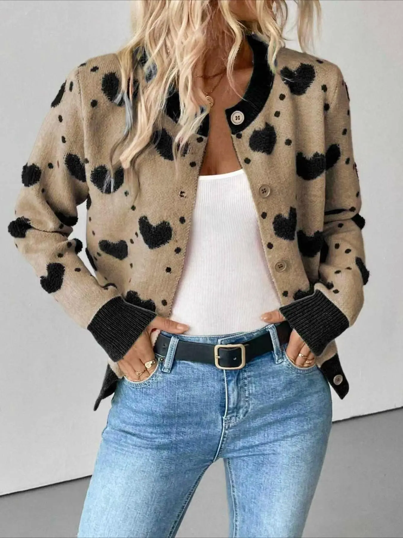 Women's Elegant Heart Pattern Cardigan, Long Sleeve Button Front Knit Sweater, Soft Acrylic Material, Perfect for All Seasons