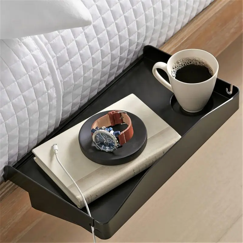 Bedside Shelf for Bed, College Dorm Room, Bunk Bed Shelf/Caddy for Bunk, Clip On Nightstand Tray with Cord and Cup Holder for Table Storage (Black)