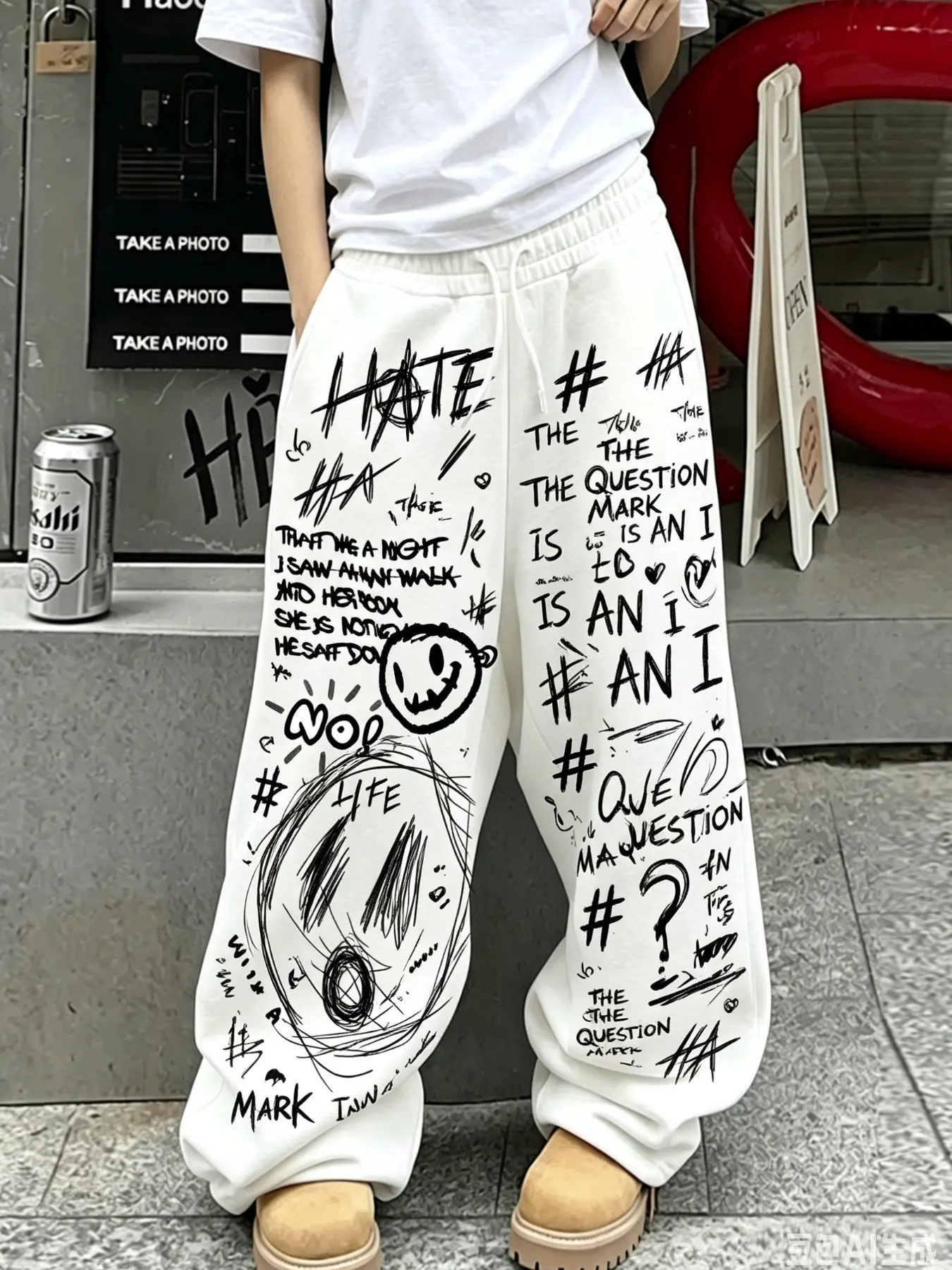 2026 Trending Alt Punk Scribble All Over Print Oversized Track Pants For Men Stretchy Comfort White Fleece Sweatpants Adjustable Drawstring Waist Full Leg Hand Drawn Graffiti Text & Question Mark Graphic Ultra Wide Baggy Silhouette Roomy Casual Jogger Pan