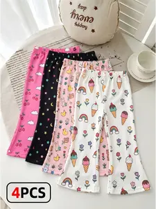 Girls' Cartoon Bell Bottom Pants Set, 4 Pcs Summer Breathable Long Pants, Soft and Versatile, Thin and Sweat-Proof