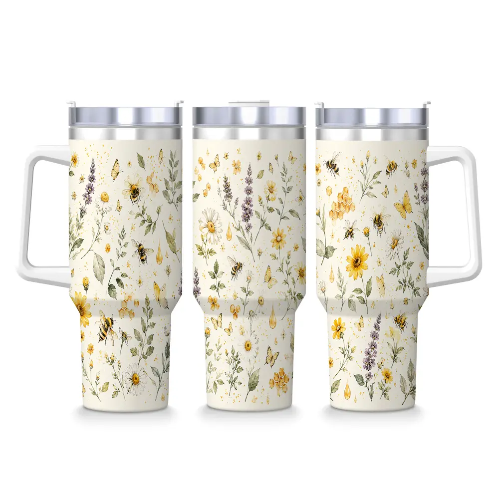 40 oz 304 Stainless Steel Insulated Tumbler with Handle and Lid, Bee, Honeycomb and Wildflower Print Travel Cup