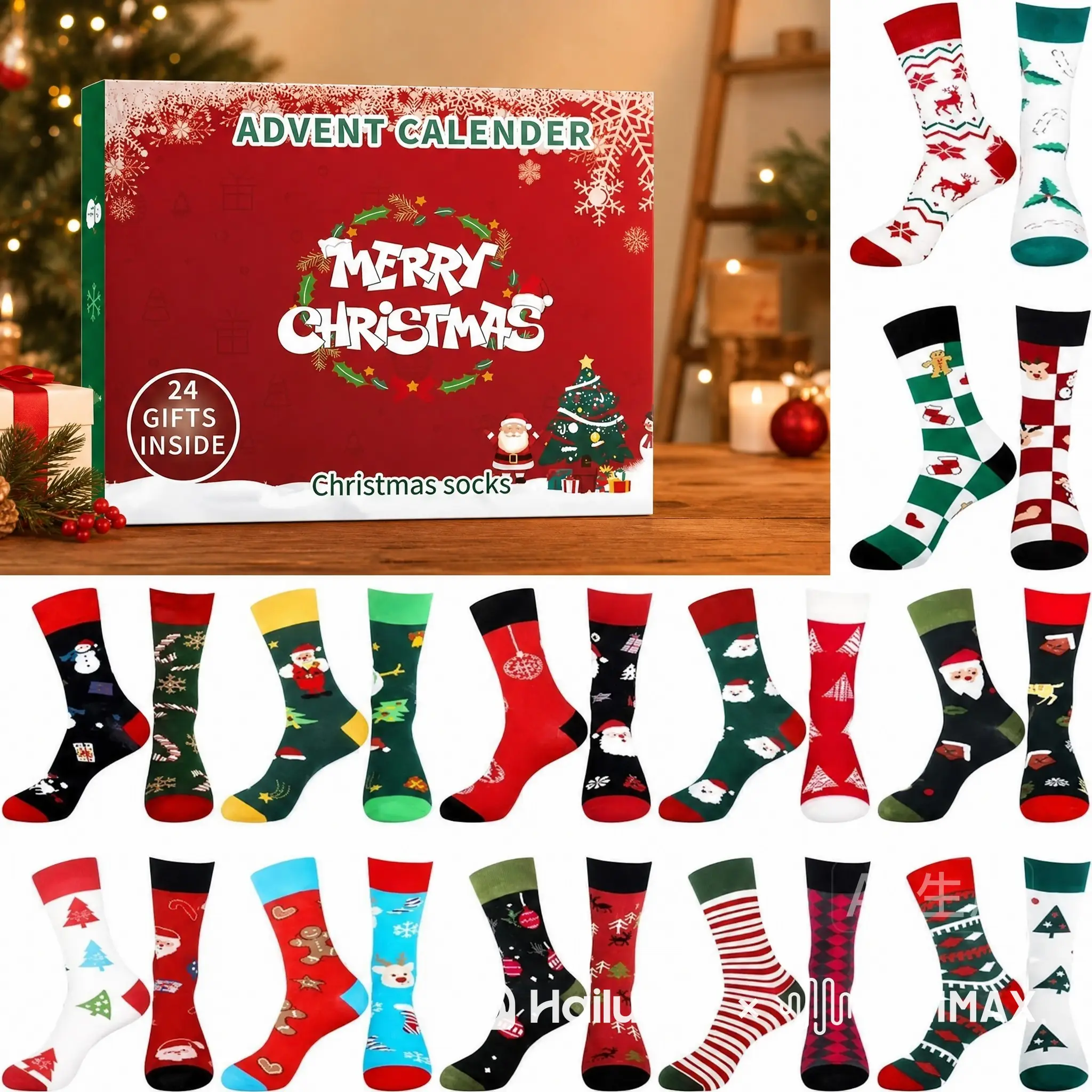 24pc Sock Sets Holiday Surprise Calendar, Christmas and New Year Countdown, 24-Day Gifts, No Power Needed, Durable Material