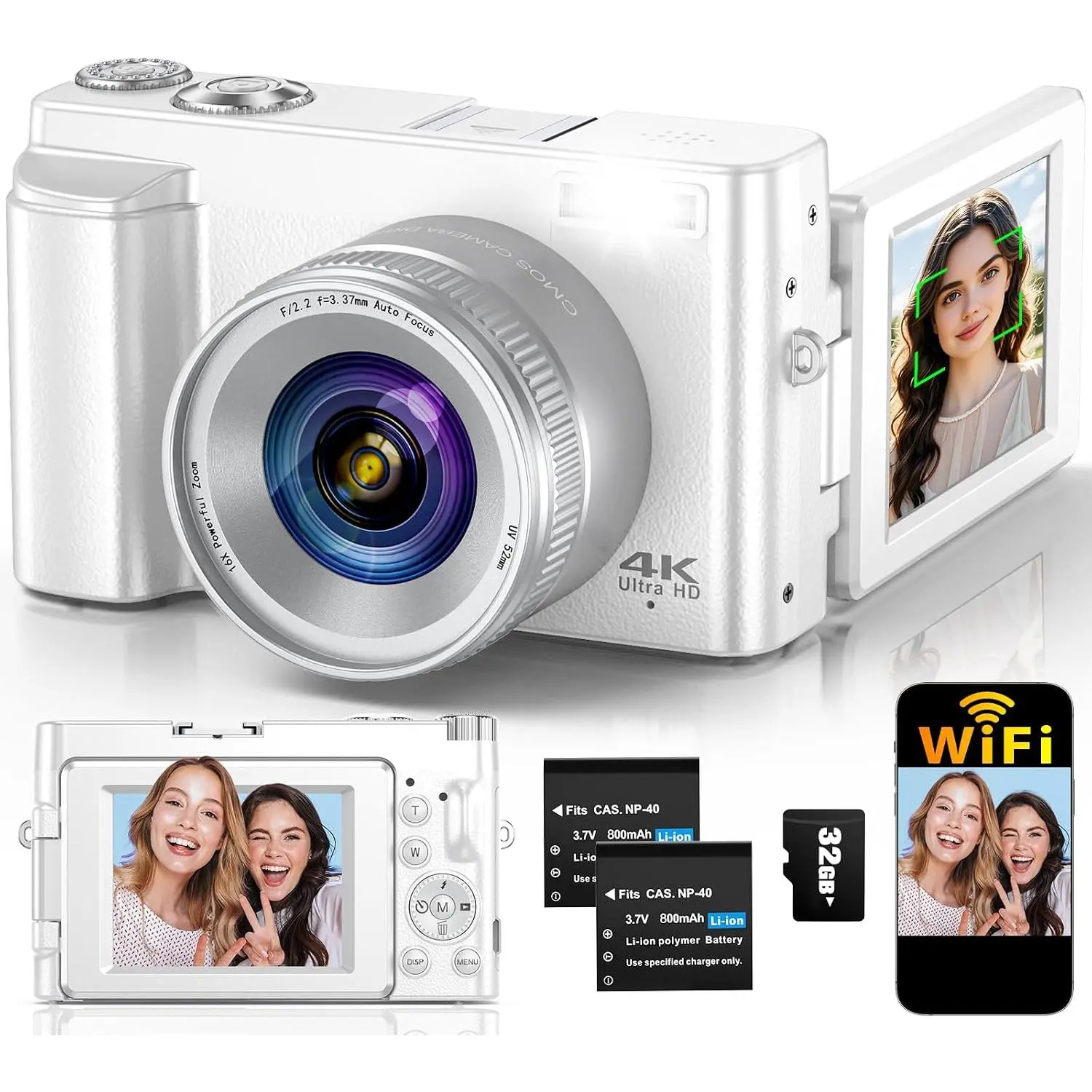 4K Digital Camera for Photography Autofocus, 64MP WiFi Vlogging Camera | 2 , SD Card, 3" 180°Flip Screen Selfie Compact Travel Camera for Teens with 16X Zoom, Anti-Shake, White