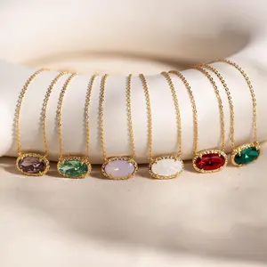 European and American cross-border best-selling necklace with colorful zircon and natural stone, oval collarbone chain, fashionable and trendy niche personalized jewelry