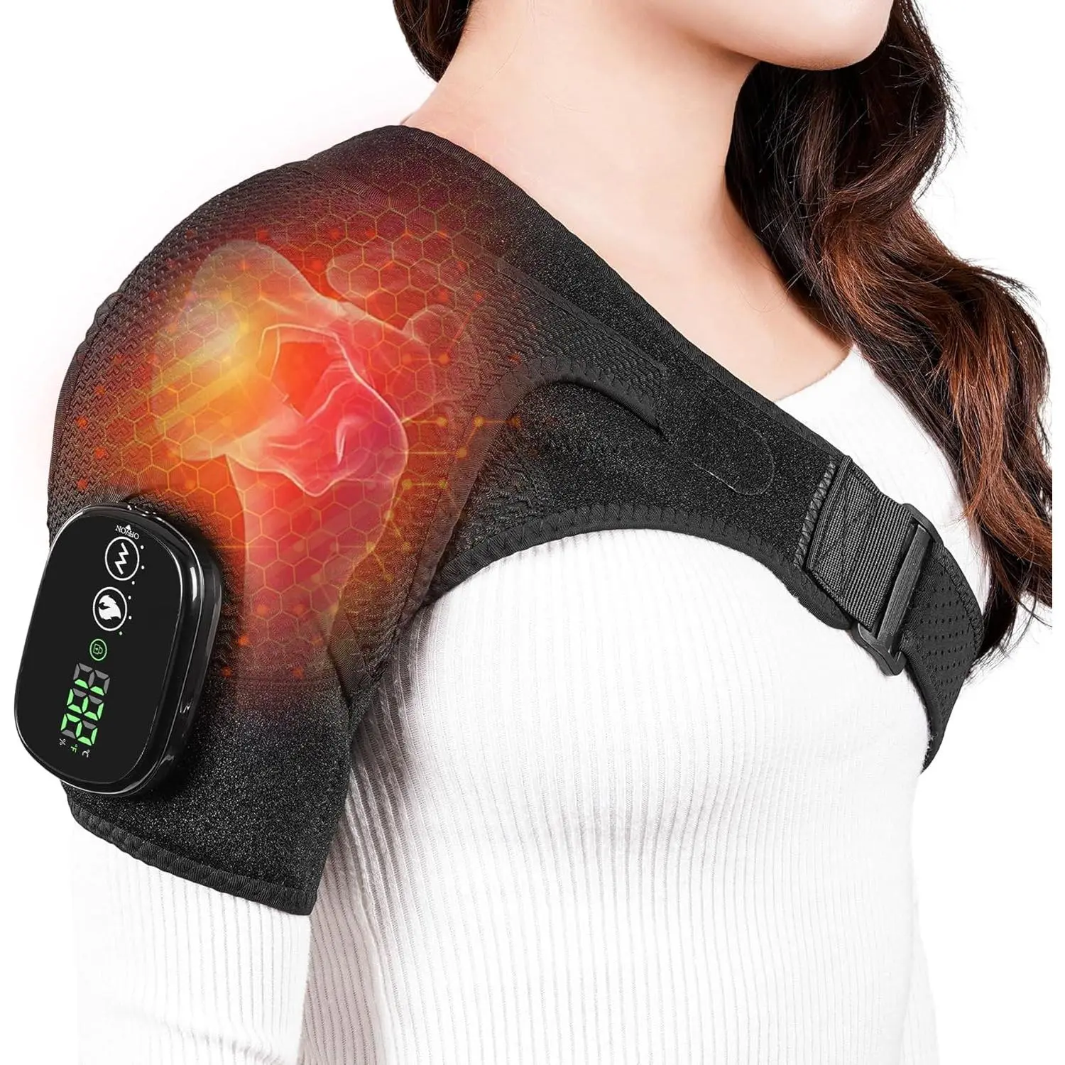 Cordless Shoulder Heating Pad & Massager, Warm Skin-Safe Electric Heated Wrap Brace for Rotator Cuff & Frozen Pain Relief, 5000mAh Chargeable Home-Use Device for Men & Women (Black)