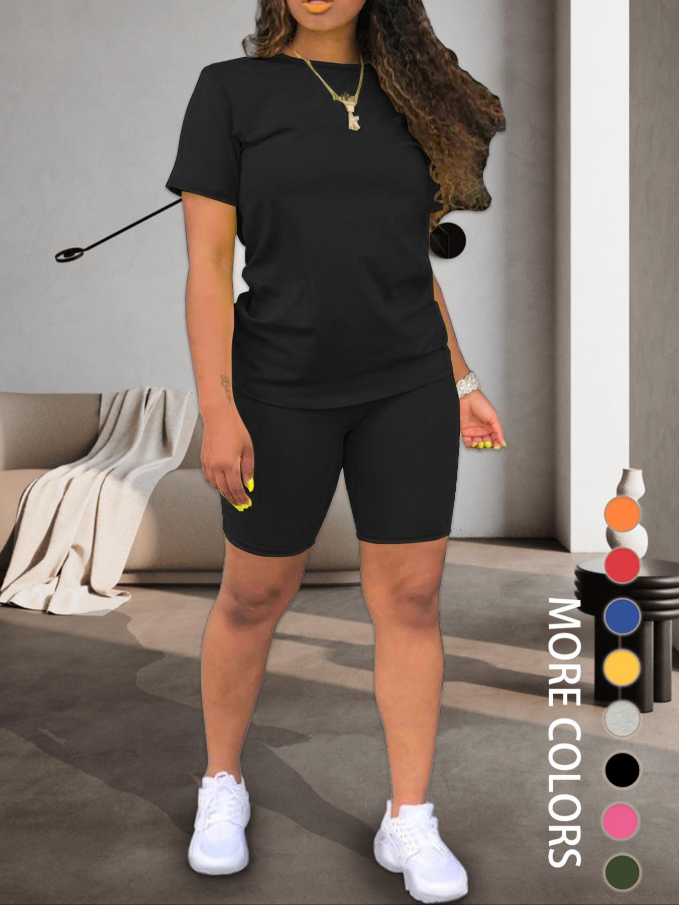 Two-piece Set Women's Fitted Plain Round Neck Tee & Skinny Shorts Set, Summer Clothes Women, Short Sleeve Crew Neck T-shirt & Shorts, Casual Summer Clothes for Outdoor, Cute Summer Outfit Two-piece Set Women's Fitted Plain Round Neck Tee & Skinny Shorts Set, Summer Clothes Women, Short Sleeve Crew Neck T-shirt & Shorts, Casual Summer Clothes for Outdoor, Cute Summer Outfit