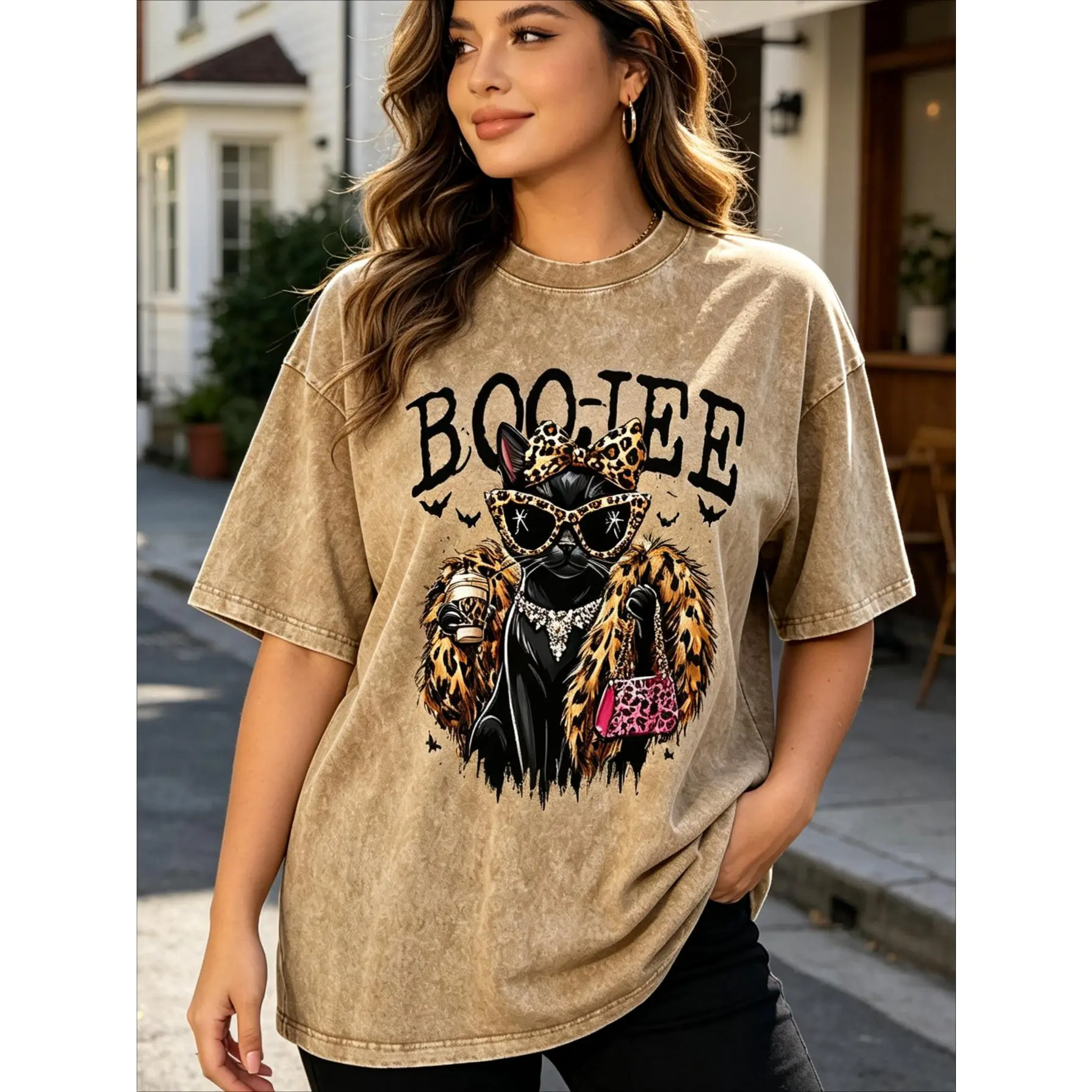 Chic Leopard Print Graphic T-Shirt for Women, Modest Oversized Washed Cotton Tee with Drop Shoulder, Casual All Seasons Streetwear Top, Romance, Loose Cut, Basic, Soft Cotton, Cute, Elegant, Round Neck, Classic, Fashion, S