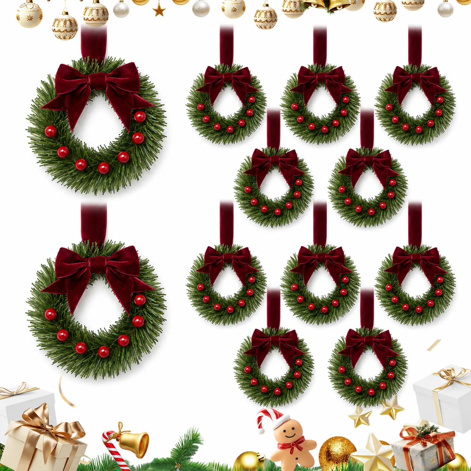 12-Pack Traditional PVC Artificial Mini Christmas Cabinet Garland Wreaths with Red Berries, Velvet Bow - Home Decor Ornaments for Cabinet Doors, Mantel, Chair, Wall, Window - Artificial Hanging Festive Decoration Set