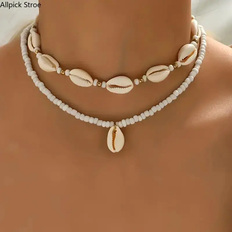 Boho White Bead Charm Accessory & Shell Necklace Set, 2-Piece Ethnic PU Leather Tassel & Adjustable Chain for Female Party Jewelry, Boho Style Necklace, Adjustable Beaded Chain