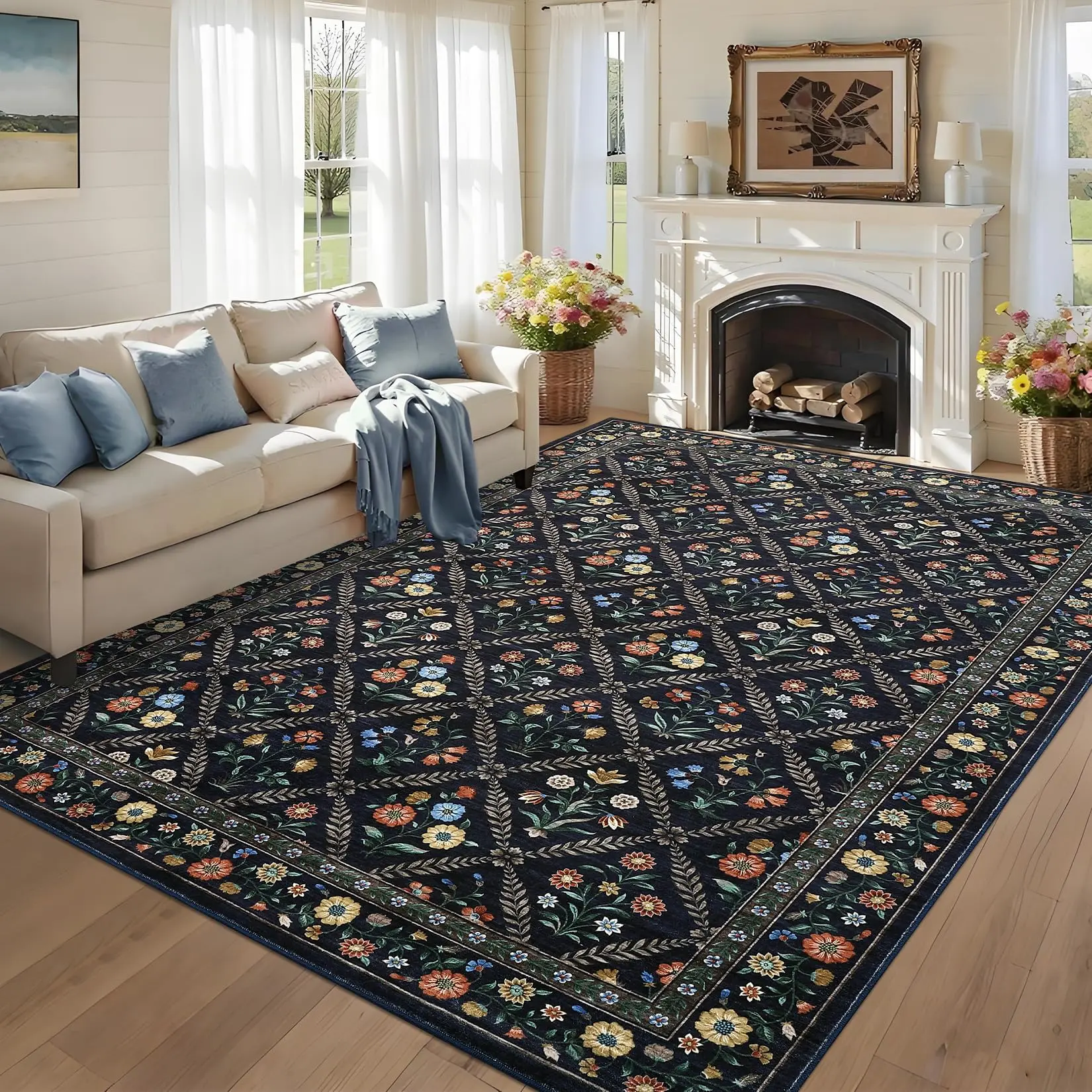 GARVEE Floral 9x12 Area Rugs for Living Room Bedroom, Soft Washable Rugs 9x12 Stain Resistant, Ultra-Thin Non-Slip Dining Room Rug Non-Shedding Accent Carpet for Office Navy&Black