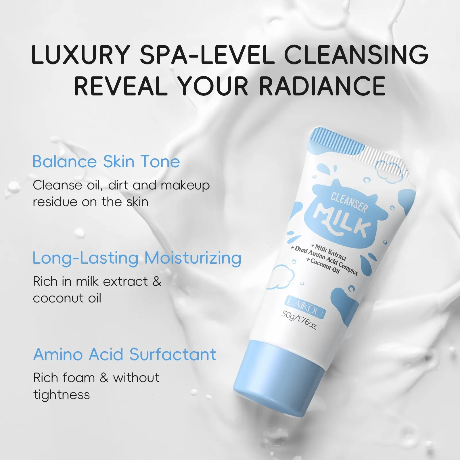 Milk Cleanser 50g with Milk Extract, Coconut Oil, Dual Amino Acids, Gentle Cleaning, Brightens Skin, Suitable for All Skin Types, Daily Skincare Essential，Milky Face Wash for Soft Smooth Skin