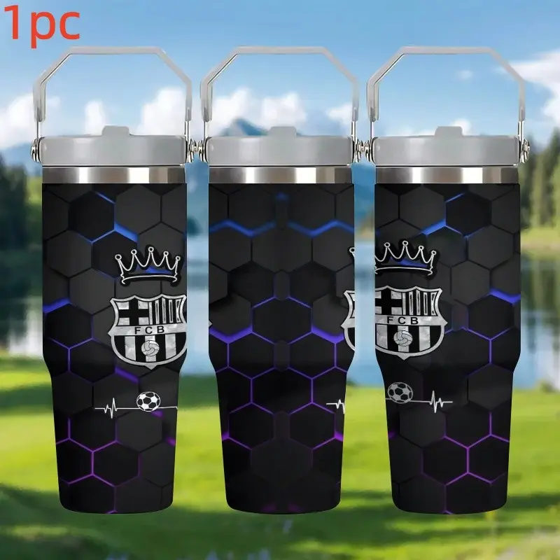 1pc 30oz Barcelona FCB Football Themed Tumbler,stainless steel insulated cup (with straw) Hexagonal Neon Topic，portable large-capacity water bottle, perfect for use at the sports field, during travel, outdoor camping, or as a coffee cup when at school
