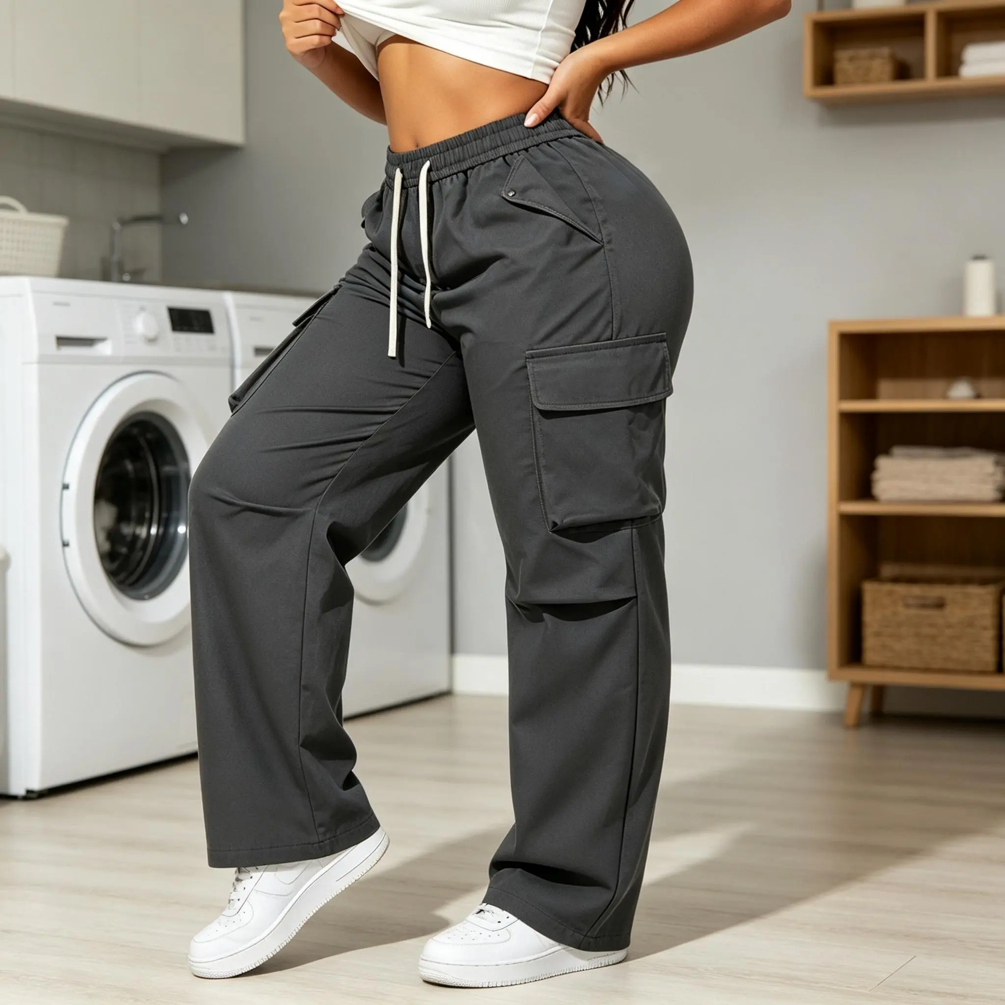 Women Street‑Chic Utility Wide‑Leg Jogger Trousers, Relaxed‑Cut Cargo Bottoms Featuring Elastic Drawstring Waist and Multiple Flap Cargo Pockets, Casual Wear for City Wanders and Day‑to‑Day Occasions