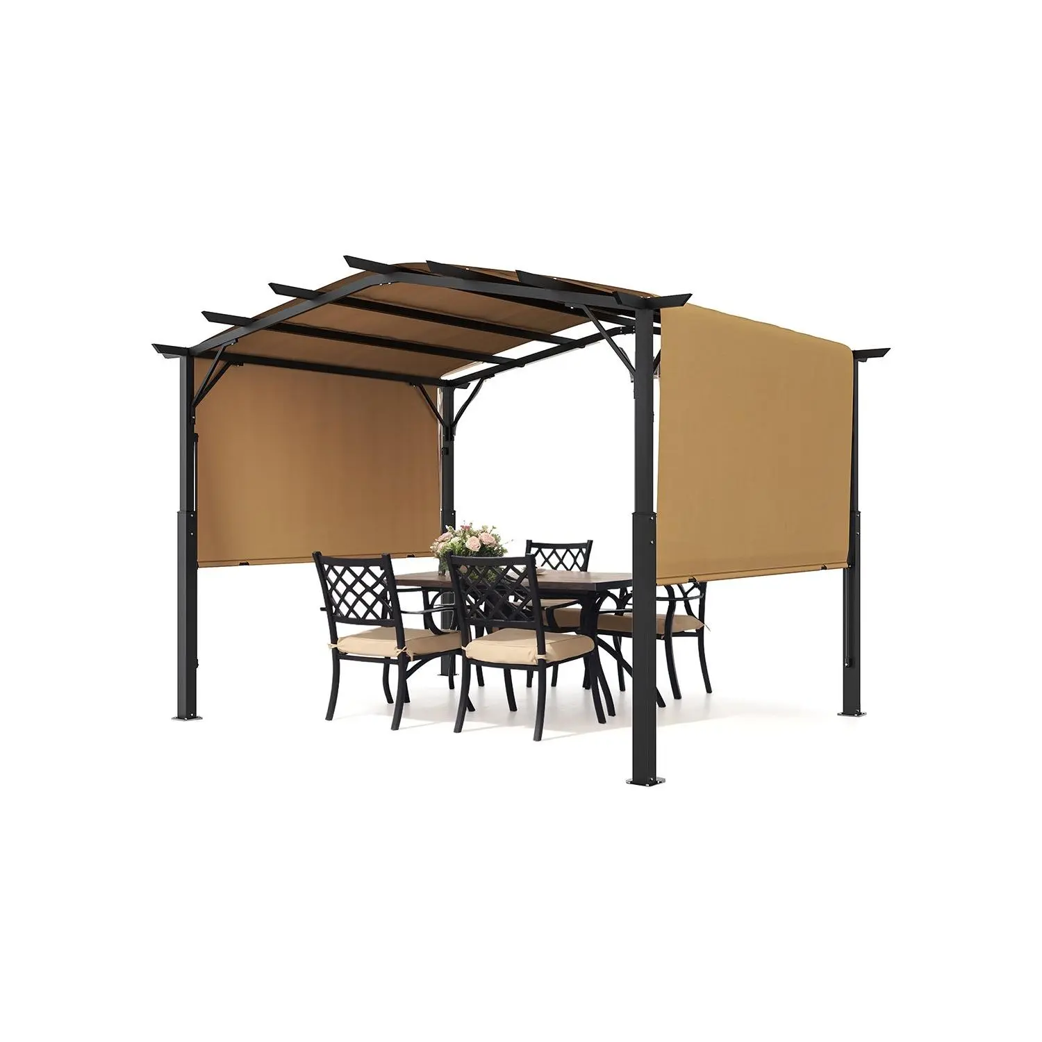 10x 10 ft Outdoor Pergola, Arched Top Metal Pergola, Retractable Pergola with Sun Shade Canopy, Large Patio Shelter Pavilion, Heavy Duty Garden Pergola for Deck Backyard Porch Poolside