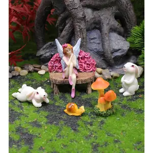 Fairy Garden Accessories, Fairy Garden Kit- Fairies, Rabbits & Mushroom- 6Pcs Mini Figurines & Ornaments Set Decor for Outdoor or House Home Dollhouse Flower Pots