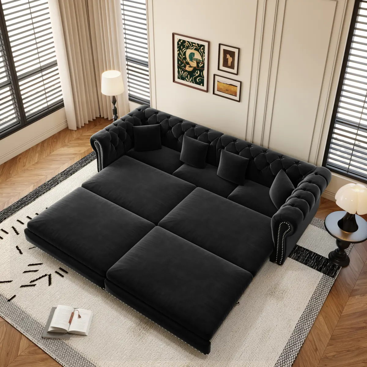 AobtkelChesterfield Sofa,89 " W 3-in-1 Pull-Out Sofa Bed, Convertible Sleeper Sofa Bed,King Size Sofa Bed, Chaise Lounge,Velvet 3-Seater Sofa with Movable Ottoman,  Tufted Design