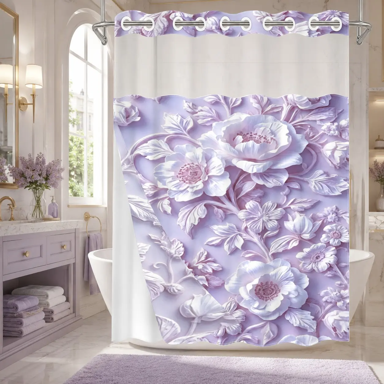 Light Floral Double Layer Shower Curtain, Modern Transparent with Window, Waterproof, 71x74 Inches, Bathroom Decor