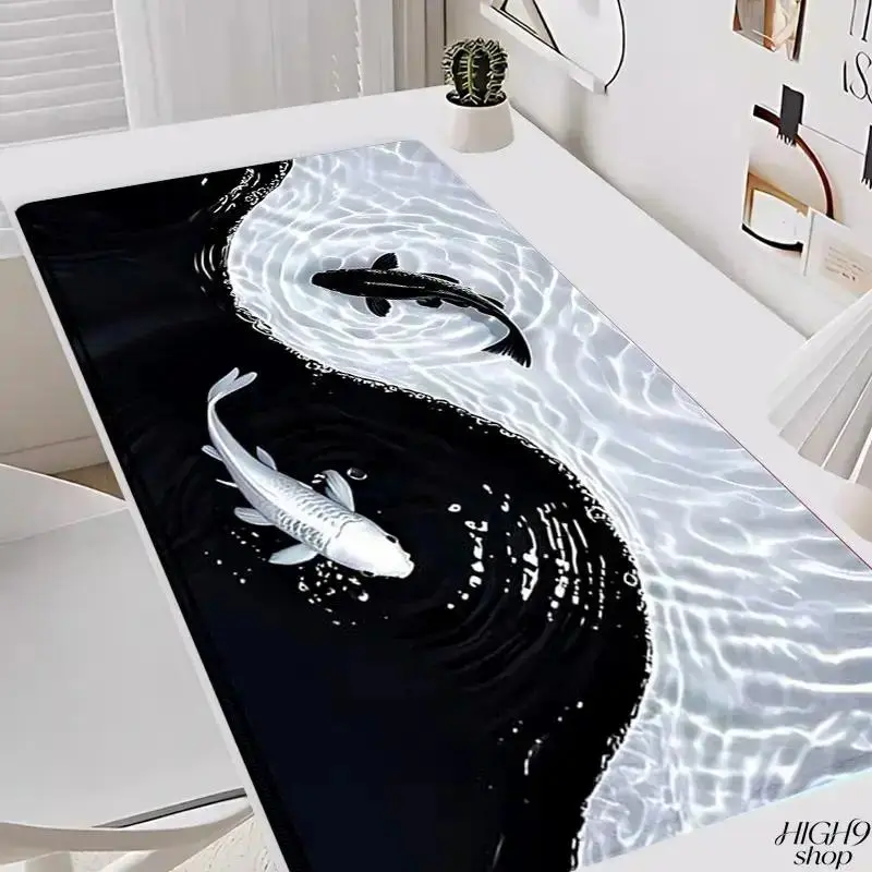 Extra Large Yin Yang Koi Wave Gaming Desk Mat, 35x16 in Non-Slip Rubber Mouse Pad with Stitched Edges, Stylish Home Office Desktop Accessory, Ideal Christmas Gift for Gaming Stuff Enthusiasts
