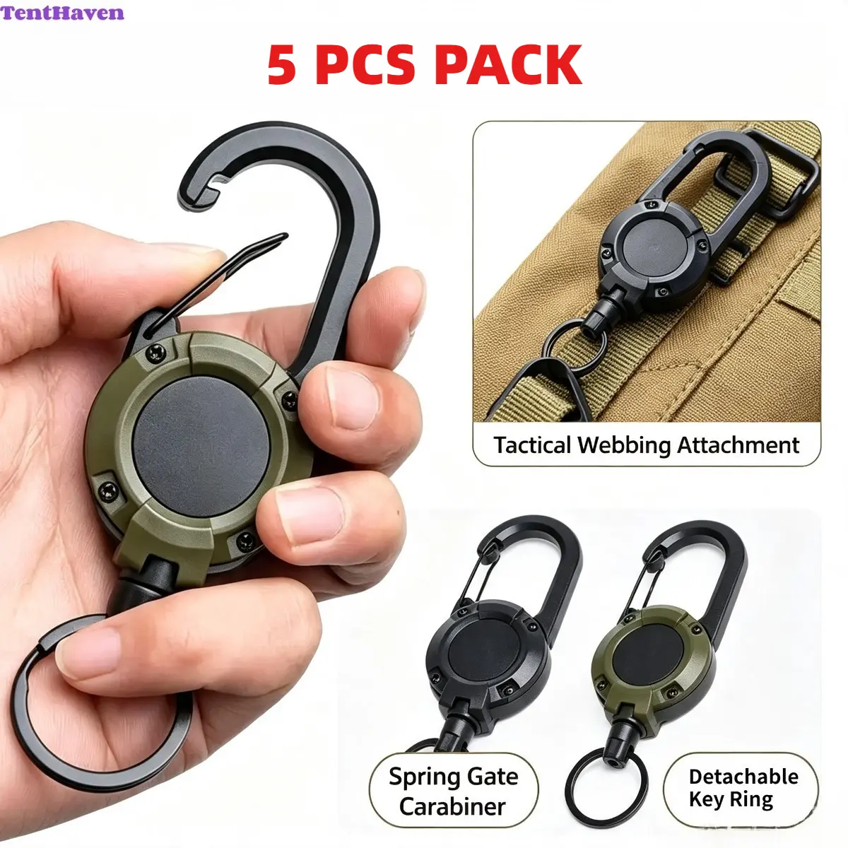 5-Pack Heavy Duty Retractable Keychain Reel Outdoor Gadgets - Keychain Lanyard with Steel Wire Pull, Carabiner Clip, 60cm Cord, Sturdy Aluminum Snap Lock, Auto-Wind for Work, Outdoor Climbing, Fishing Gear